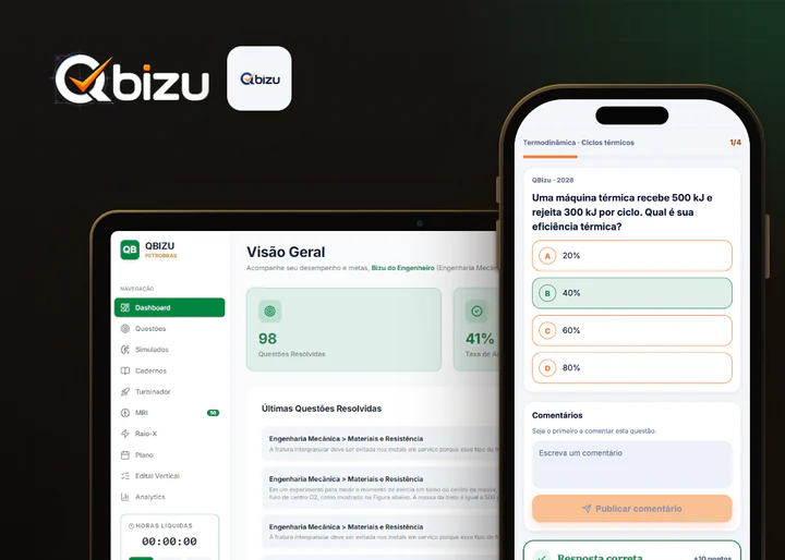Logo da QBizu e ícone do app, com o painel da plataforma de questões no notebook e uma questão resolvida no celular